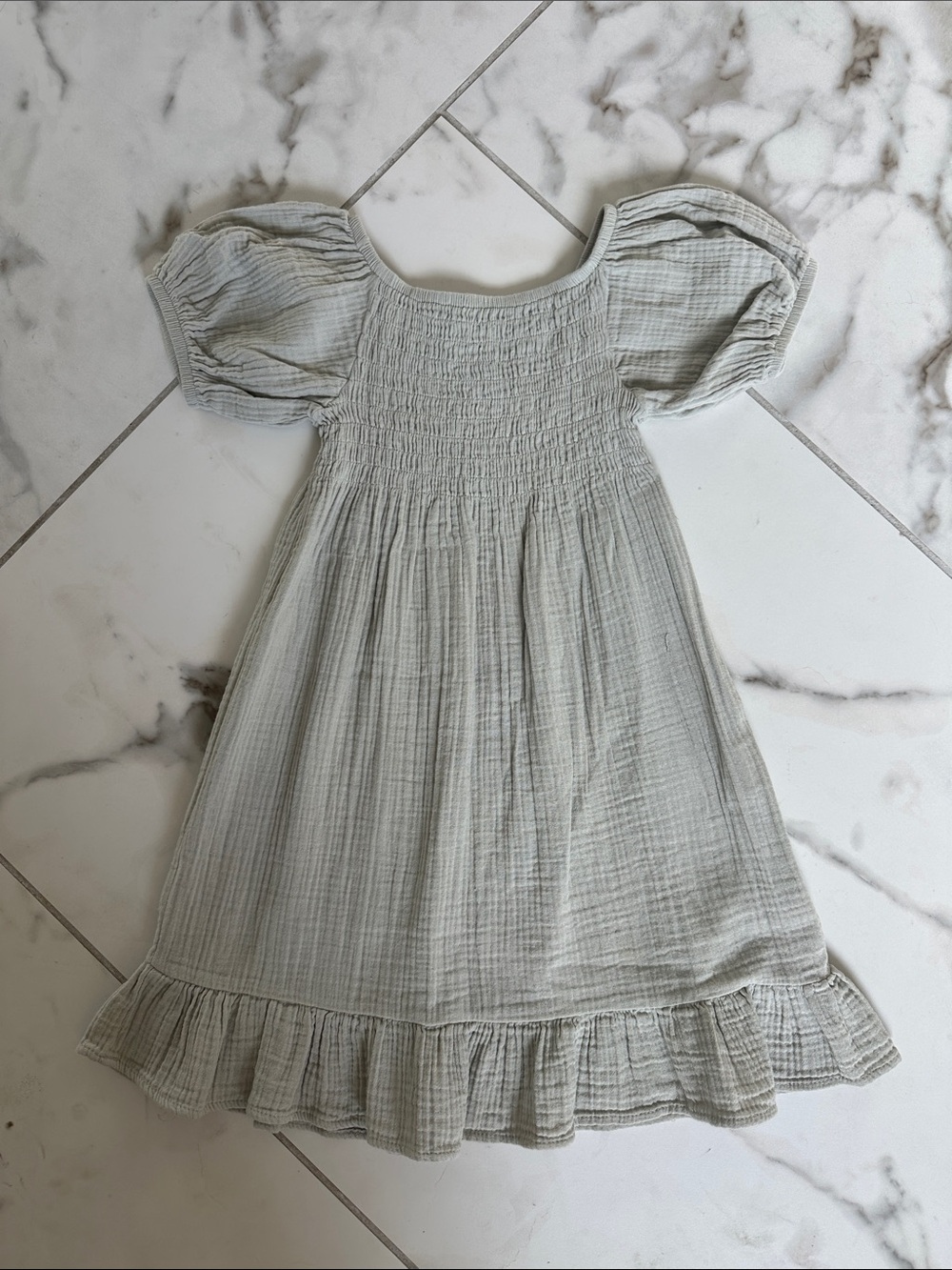 Girls Smocked Puff-Sleeve Dress in Light Sage